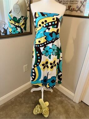 Vintage B. Smart Strapless Floral-Abstract Dress in Teal, Yellow & Brown